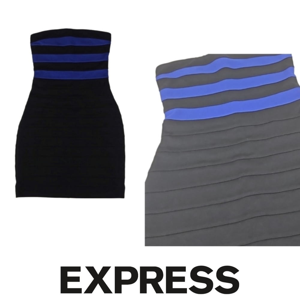 Y2K Vintage Express Bodycon Strapless Mini Dress Black Royal Blue, XS
